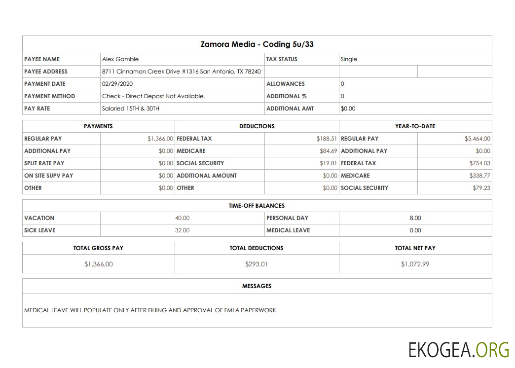 Fiche de paie de Zamora Media Coding